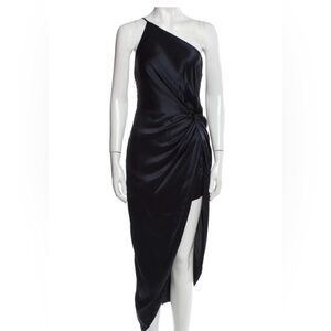 Michelle Mason Twist Silk One Shoulder Asymmetrical Midi Dress Midnight Blue